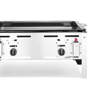 Gasplancha – maxi, med emaljerad stekpanna, 590×480 mm, elektronisk tändning, gasslang och tryckregulator