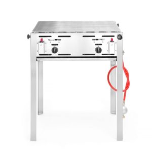Gasplancha – med förkromad grillrist, robust flamskydd, elektronisk tändning, gasslang och tryckregulator