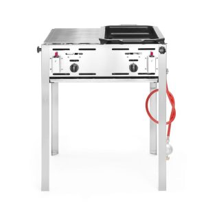 Gasplancha – med förkromad grillrist och emaljerad stekhäll, 290×480 mm, elektronisk tändning, gasslang och tryckregulator